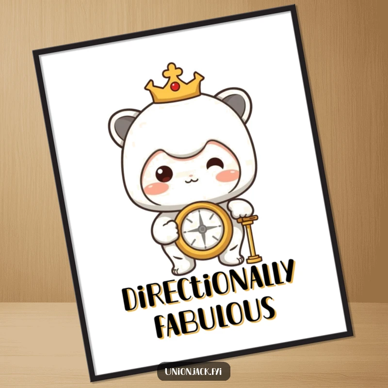 Funny Digital Art Print: Character proudly looking at a compass, perfect for instant download with a humorous adventure and direction theme.