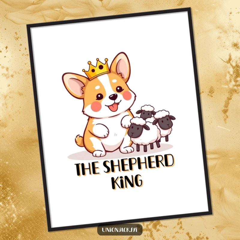 Funny digital art print of a playful corgi in a tiny crown, comically herding sheep, whimsical decor.