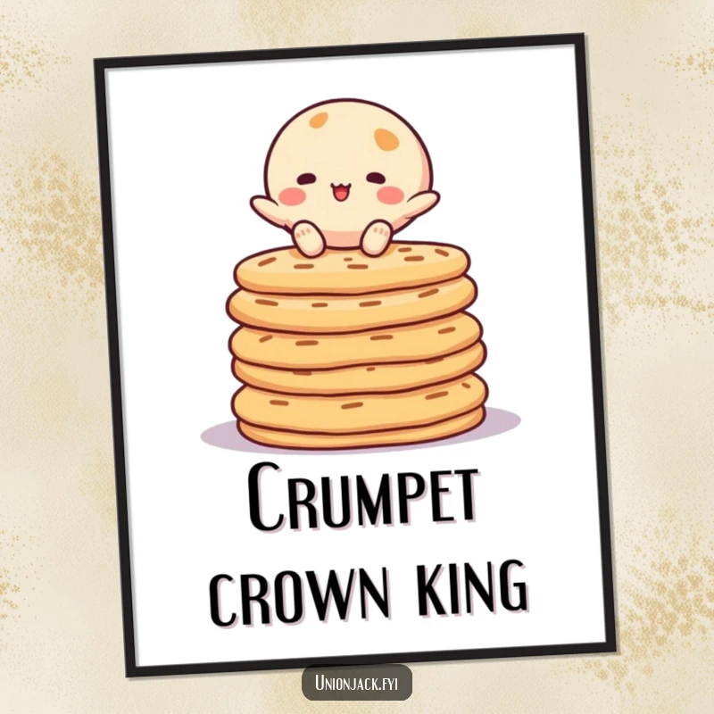 Funny digital art print of a character joyfully balancing on a stack of crumpets. A high-resolution, humorous illustration for immediate enjoyment.