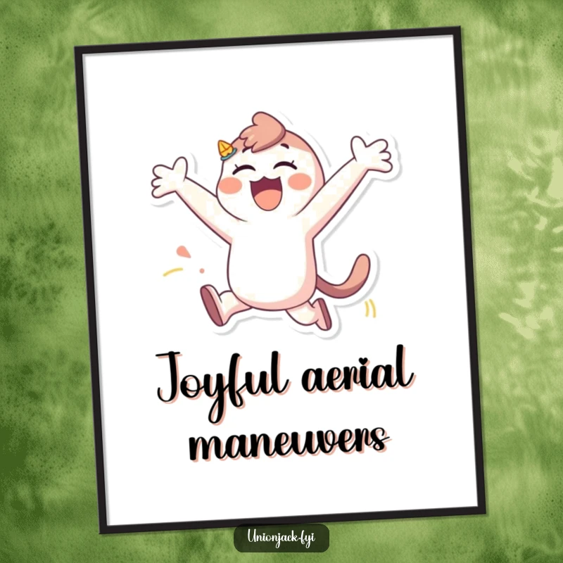 Funny digital art print of a character in an ecstatic, playful leap with arms spread wide, capturing pure freedom and joy.