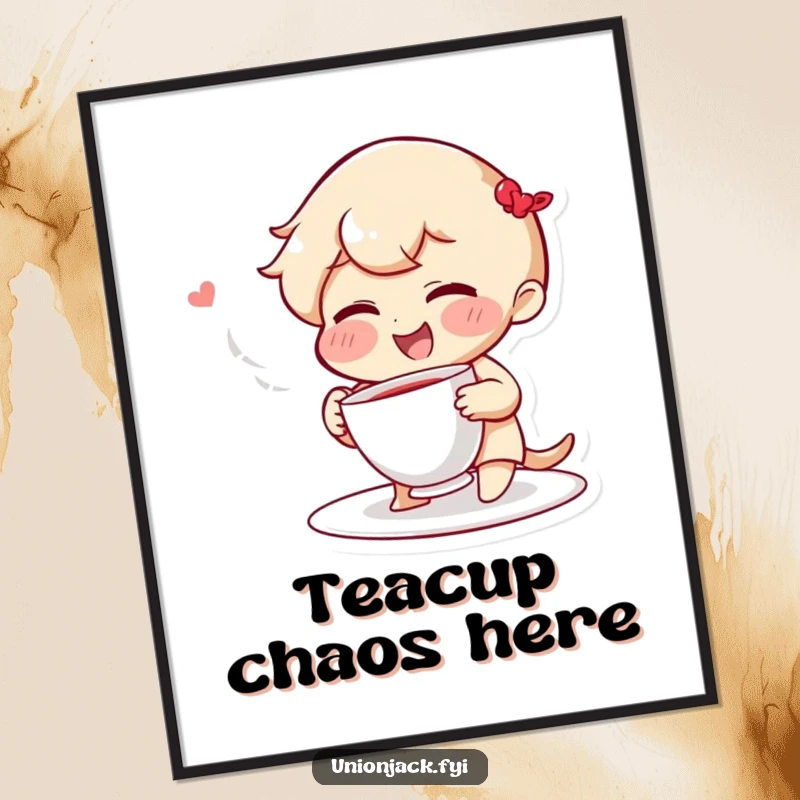 Funny digital art print of a giggling character with rosy cheeks, playfully throwing a teacup, bringing instant whimsy and humor.