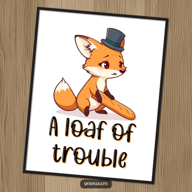 Funny digital art print of a startled fox in a tiny top hat, comically tripping over a baguette, whimsical decor.