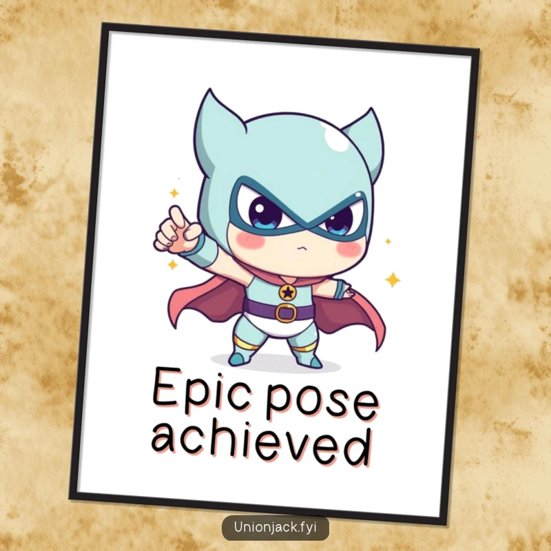 Funny digital art print of a cute character striking a bold and humorous heroic pose, ready for display.
