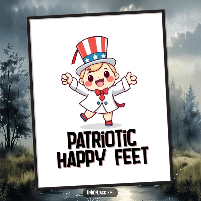 Funny digital art print of a happy character doing a patriotic jig, perfect for festive digital decor.