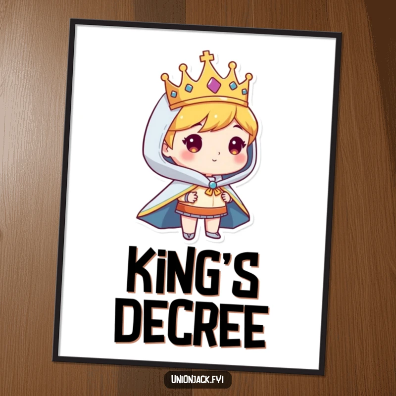 Funny digital art of a character looking regal in a crown and cape, printable wall decor for humor.