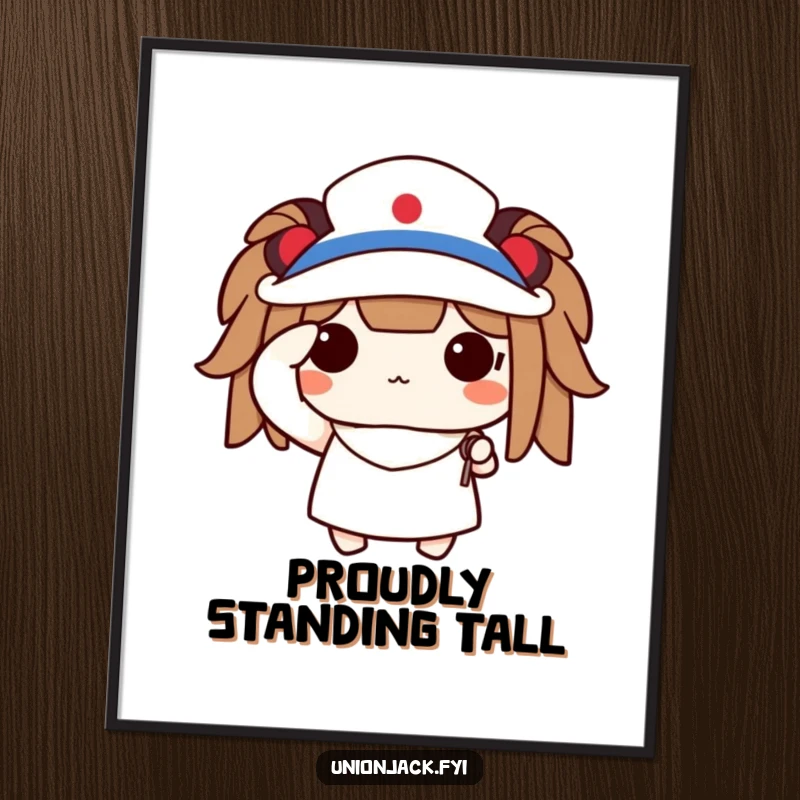 Funny digital art print of a cute character saluting proudly with a tiny flag, perfect for patriotic digital decor.