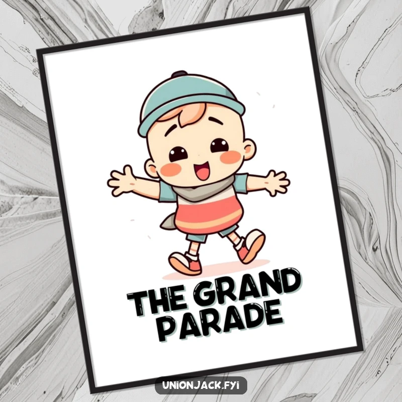 Funny digital art print of a character doing a silly march with comically high-stepping, exaggerated movements.