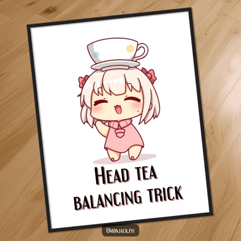 Funny digital art print of a character winking with a teacup balanced on their head, ready to bring laughter to any screen or print.