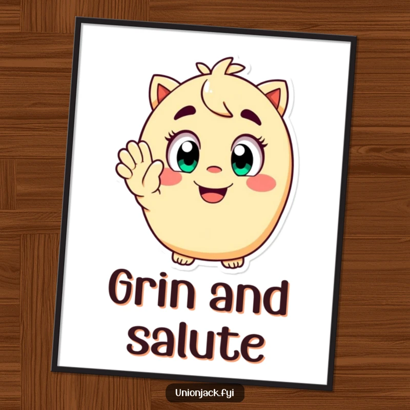 Funny digital art print of a happy character with wide eyes and a playful grin, giving an enthusiastic salute, bringing instant cheer.