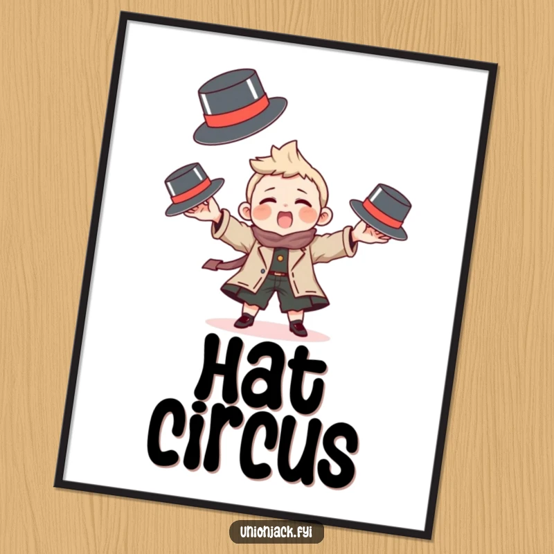Funny digital art of a character playfully juggling tiny bowler hats, printable wall decor for humor and skill.