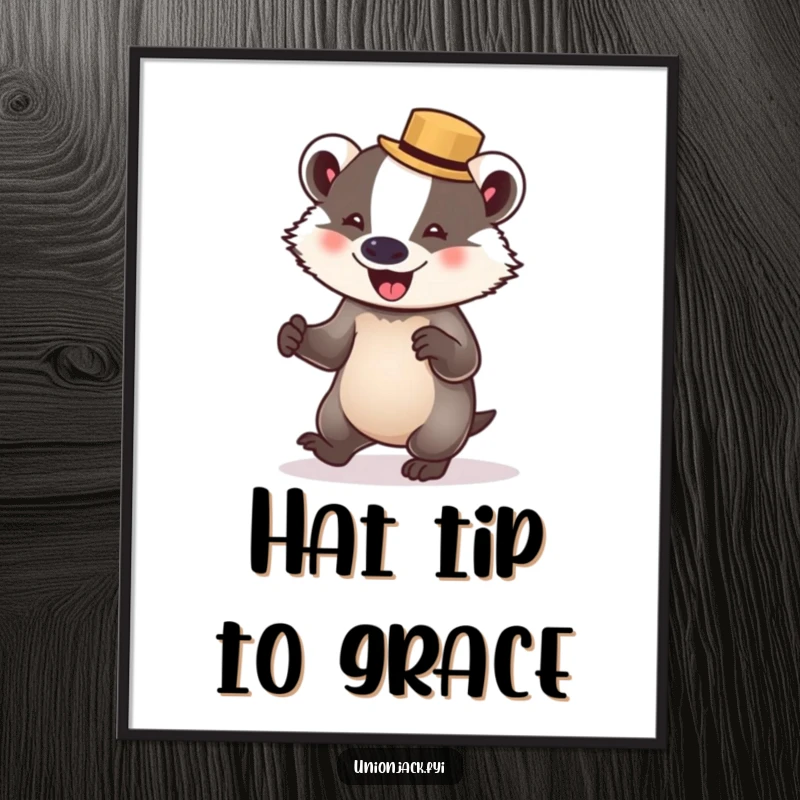 Funny badger digital art print features a delighted badger in a bowler hat, humorously attempting to waltz, ideal for instant quirky decor.