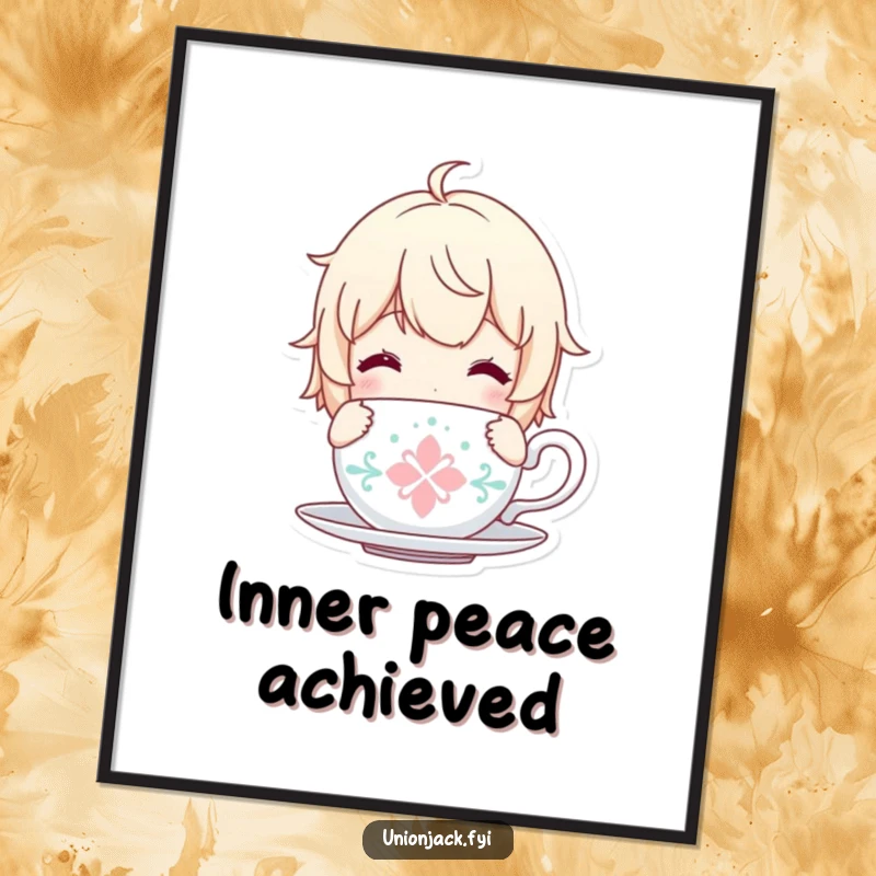 Funny digital art print of a content character holding a tea cup, perfect for peaceful and serene decor.