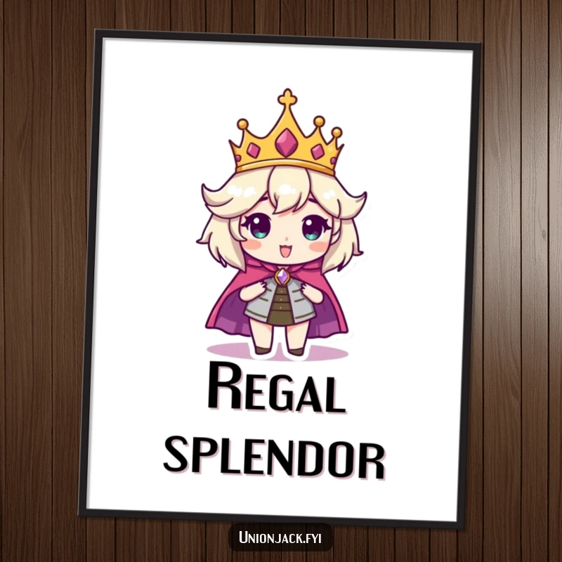 Funny digital art print of a character looking regal and majestic with a crown and cape, bringing instant humor to walls.