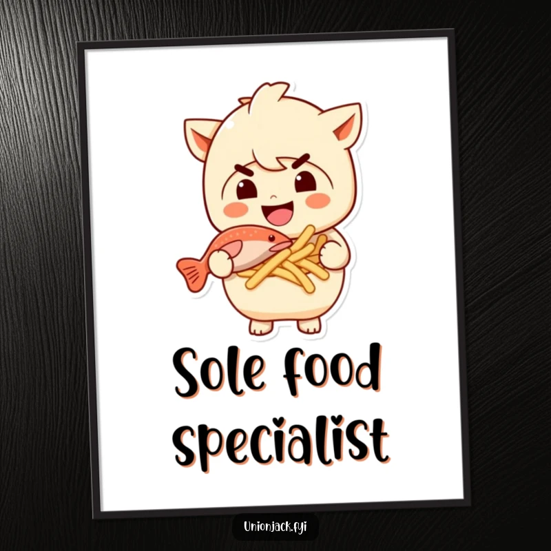 Funny digital art print of a character with a mischievous grin holding fish and chips. High-resolution, humorous food-themed decor.