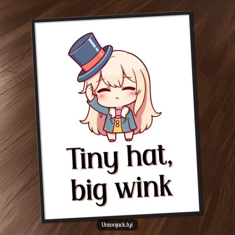 Funny digital art print of a character comically adjusting a tiny top hat and winking, exuding quirky charm and artistic humor.