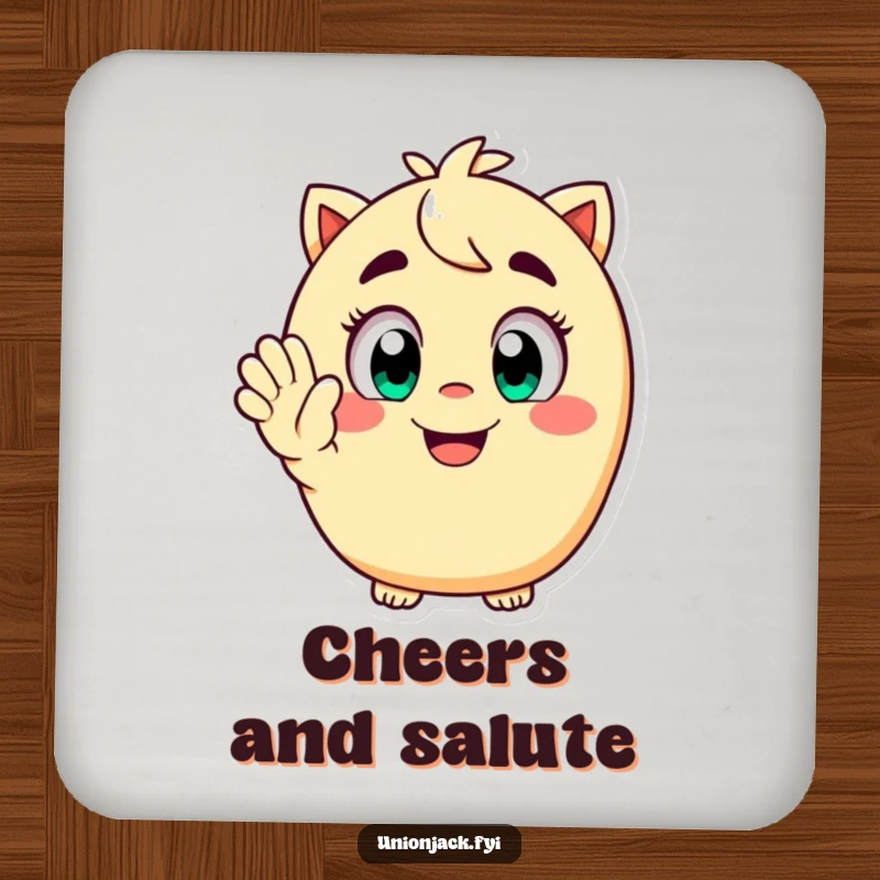 Funny drink coasters featuring a happy character with wide eyes and a playful grin, giving a cheerful salute, protecting surfaces with humor.
