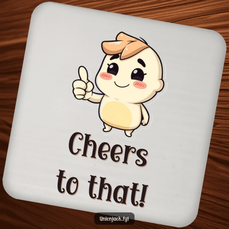 Funny drink coaster with a character giving a cheeky thumbs up, a humorous accessory for tables.