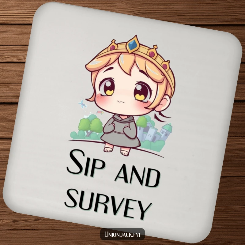 Funny drink coaster showing a character with wide eyes looking at a distant castle, offering protection with a dreamy perspective.