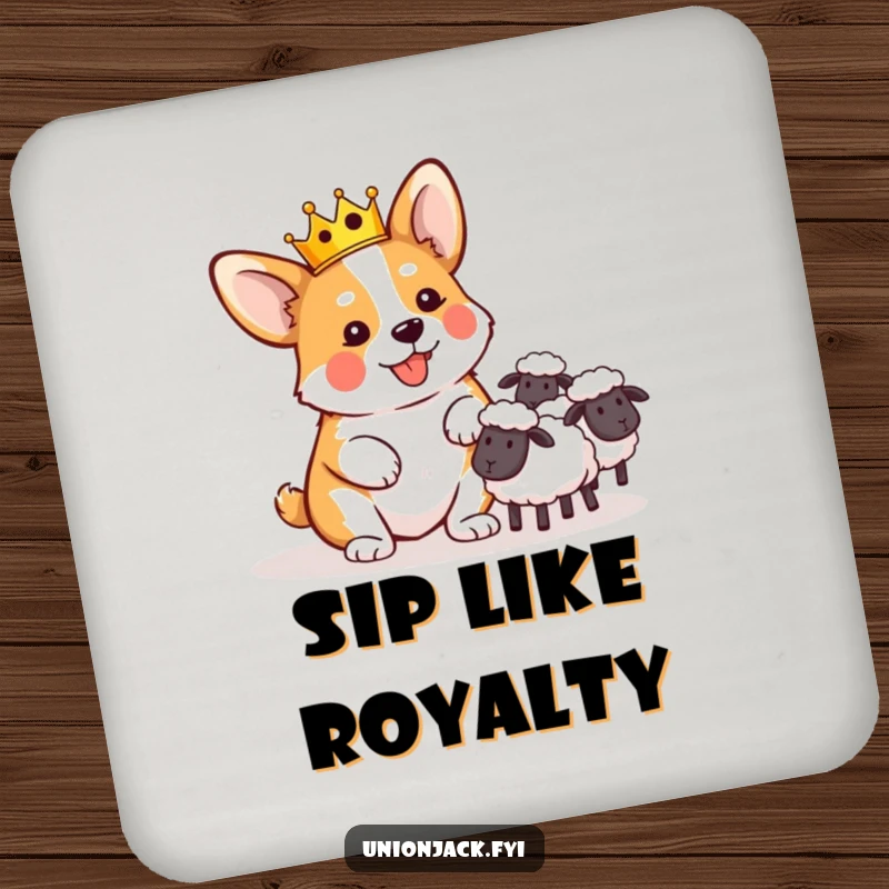 Funny coaster with a playful corgi in a tiny crown, comically herding sheep, for humorous table protection.