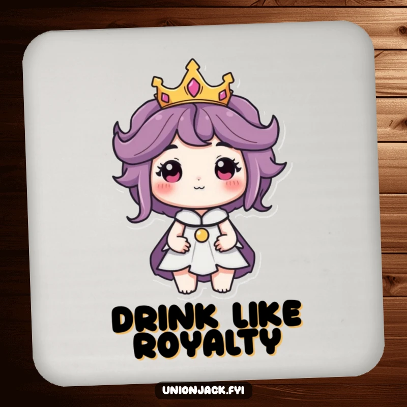 Funny drink coaster with a character wearing a tiny crown and a regal air, providing regal surface protection.
