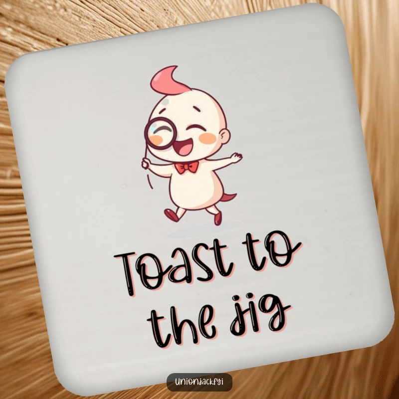 Funny drink coaster showing a character joyfully doing a little jig with a monocle, offering elegant protection.