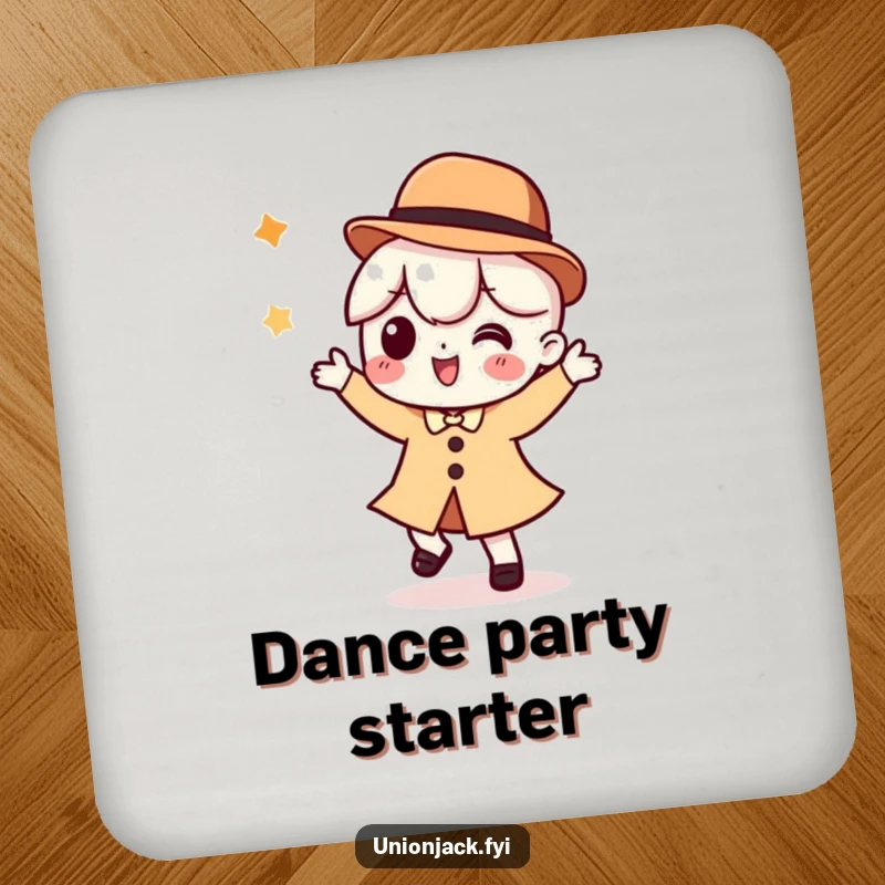 Funny drink coaster depicting a character in a silly dance with a bowler hat, protecting tables with whimsical and humorous flair.
