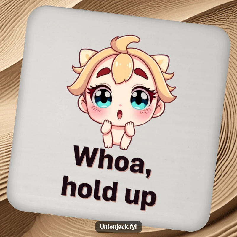 Funny drink coaster depicting a character with wide, surprised eyes and raised eyebrows, protecting tables with comical charm.