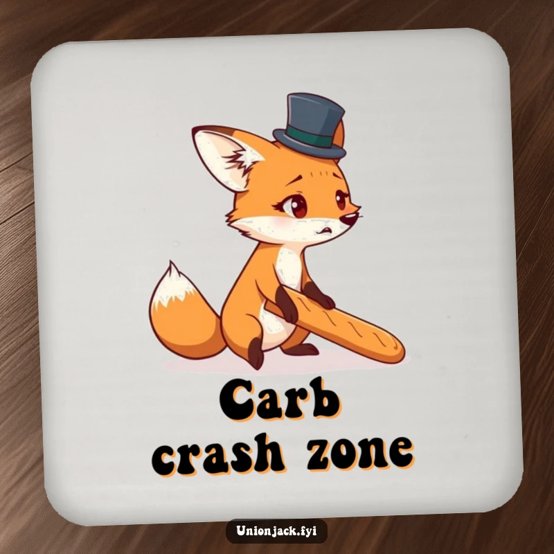 Funny coaster with a startled fox in a top hat, comically tripping over a baguette, for humorous table protection.