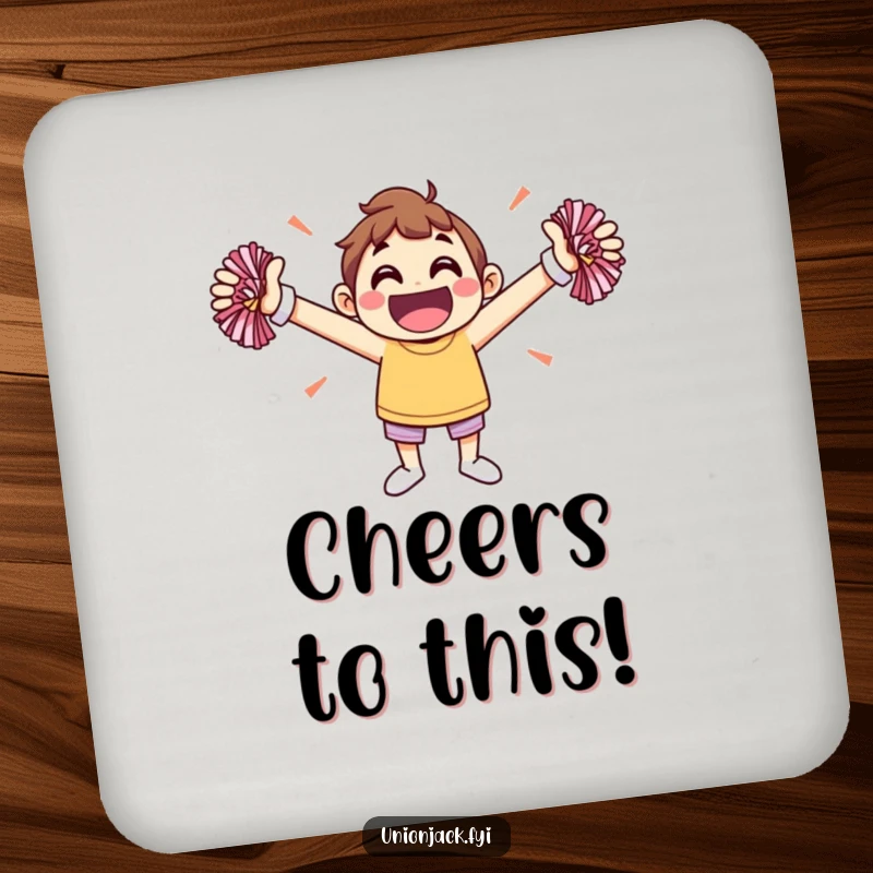 Funny drink coaster featuring a jovial character cheering with pom-poms, adding a pop of fun and spirit.