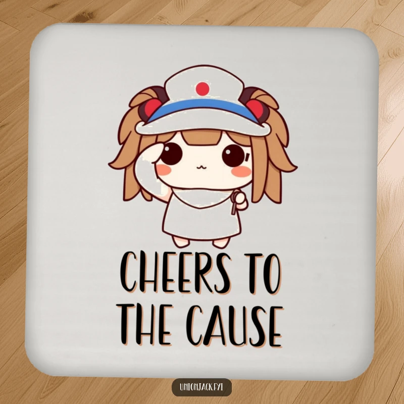 Funny drink coaster with a cute character saluting proudly, holding a tiny flag, offering patriotic surface protection.
