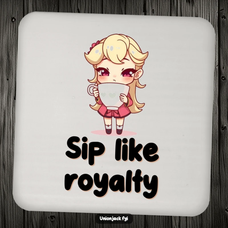 Funny drink coaster with a character holding a teacup with an exaggeratedly sophisticated pose, protecting surfaces with an elegant, humorous theme.