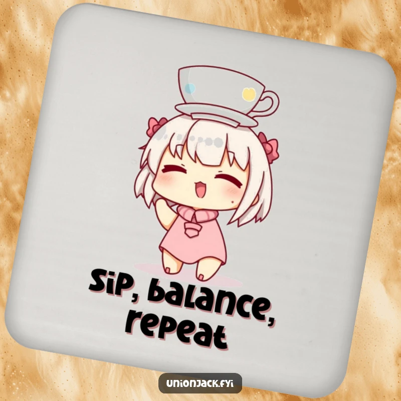Funny drink coaster displaying a winking character balancing a teacup on their head, offering both protection and a humorous visual.