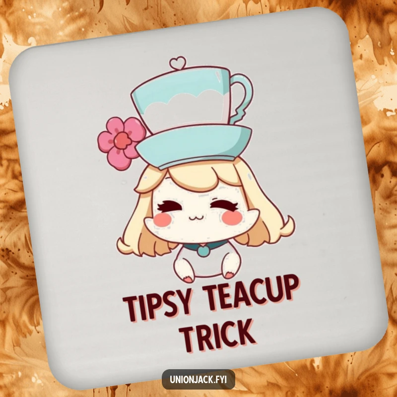Funny Coaster: Character winking while balancing a teacup on their head, adding a whimsical touch to your table.