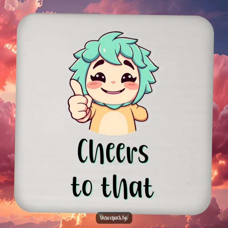 Funny drink coaster with a character giving an exaggerated thumbs up and a cheeky grin, a humorous accessory.