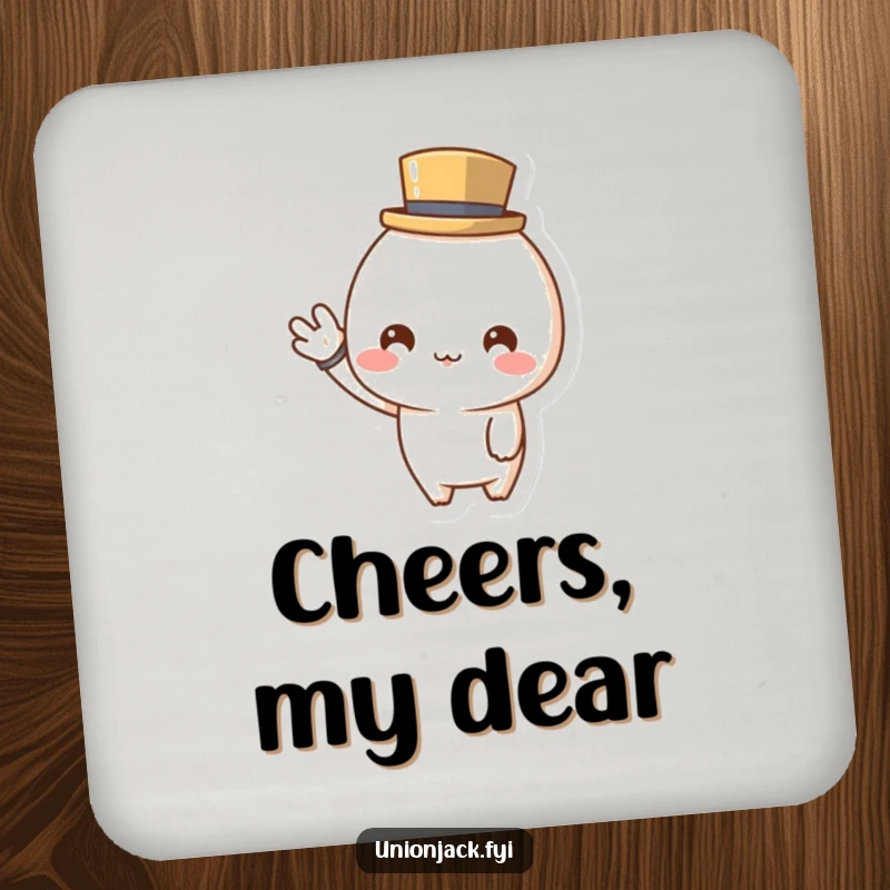 Funny drink coasters featuring a cute character in a tiny top hat, cheerfully waving, adding dapper charm and protection to surfaces.