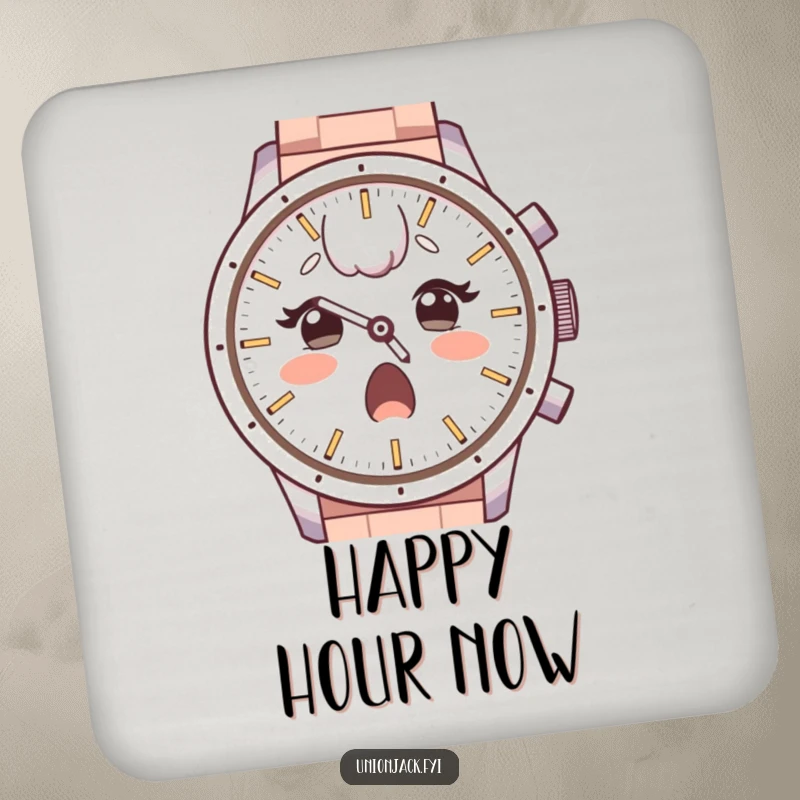 Funny drink coasters with a surprised character, raised eyebrows, looking with admiration at a large watch face, protecting surfaces with wonder.