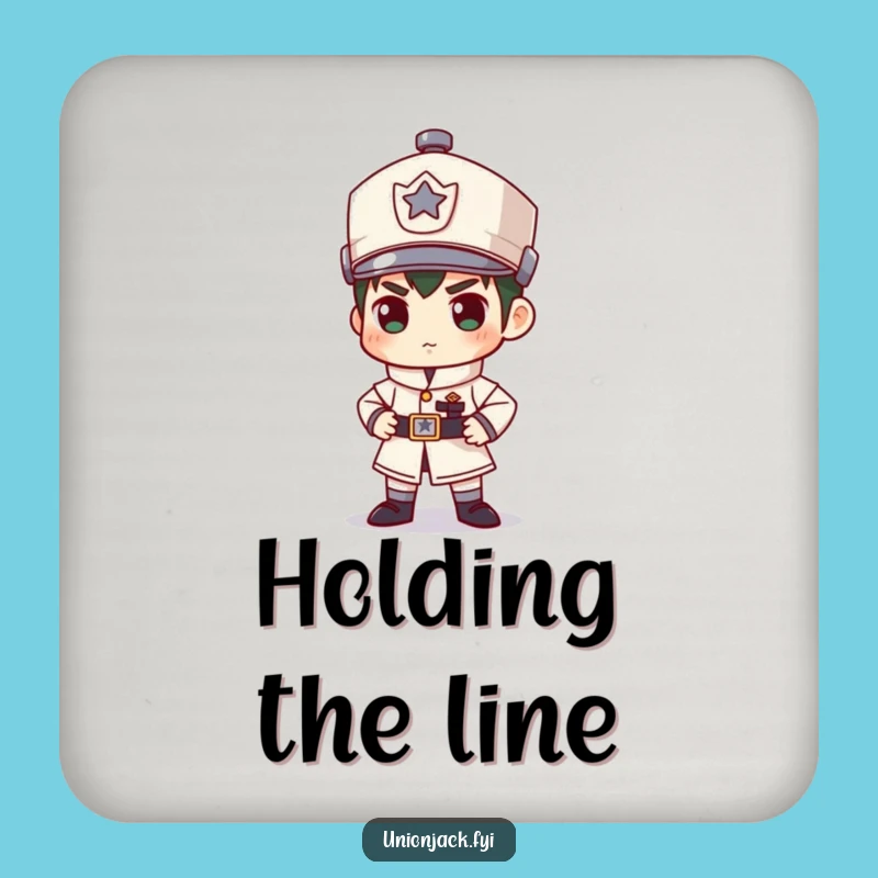 Funny Guard Duty Drink Coaster: Character's Stiff Stance, Protects Surfaces Humorously!