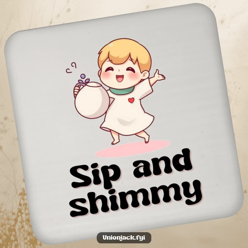 Funny coaster with a small cartoon character joyfully doing a jig with a teapot, adding a touch of tea-time joy.