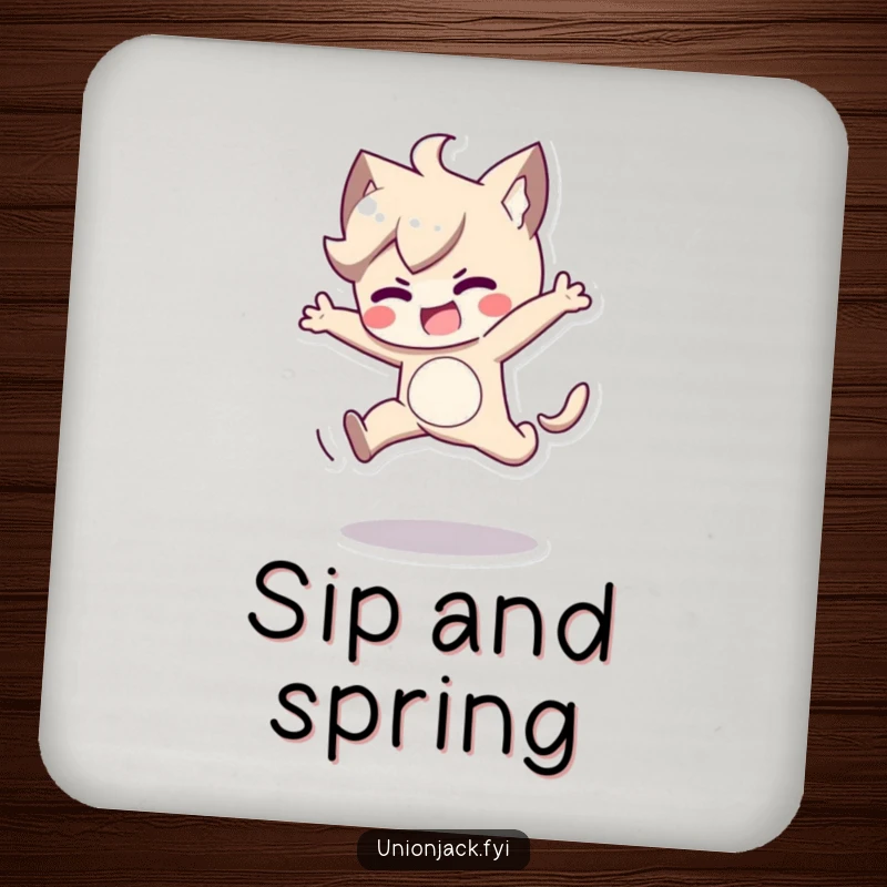 Funny drink coaster featuring a character in a determined, playful jump. Protects furniture with a humorous and energetic illustration.