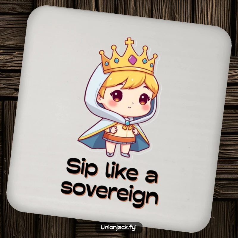 Funny drink coaster with a character looking regal in a crown and cape, a humorous accessory for tables.