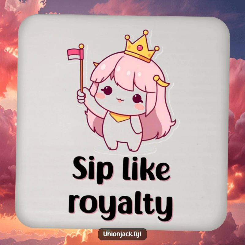 Funny Coaster: Character wearing a tiny crown and waving a flag, adding a regal touch to your drink station.