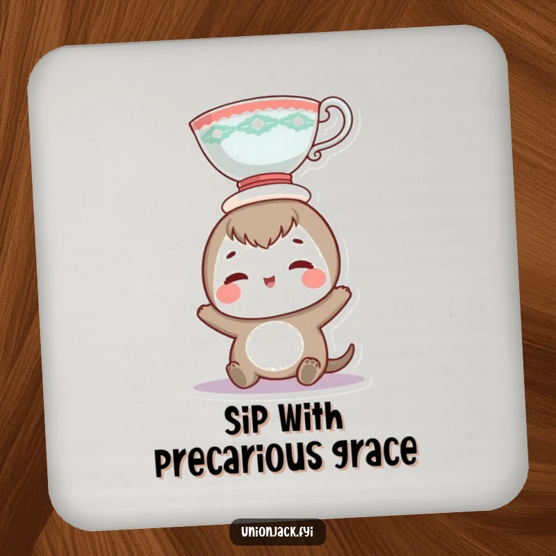 Funny coaster featuring a character humorously balancing a teacup on its head, protecting surfaces with a playful and comical design.