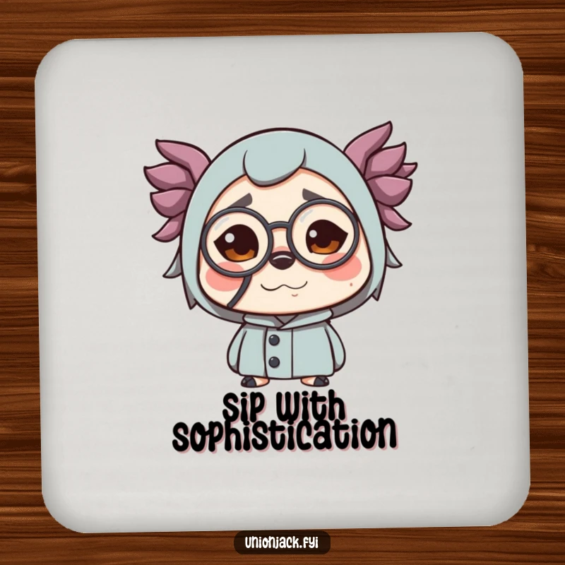 Funny drink coaster featuring a character making a funny face while wearing a monocle. Protects furniture with a humorous and stylish illustration.