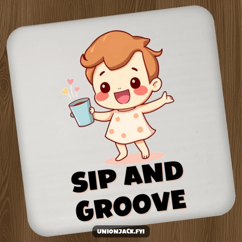 Funny Coaster: A happy character dancing with a cup, offering stylish surface protection with a dose of infectious joy.