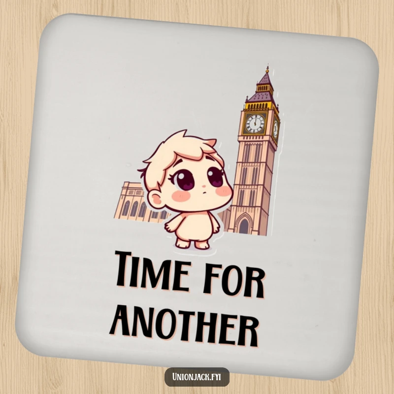 Funny drink coaster featuring a curious character looking questioningly at Big Ben, adding London humor to any surface.