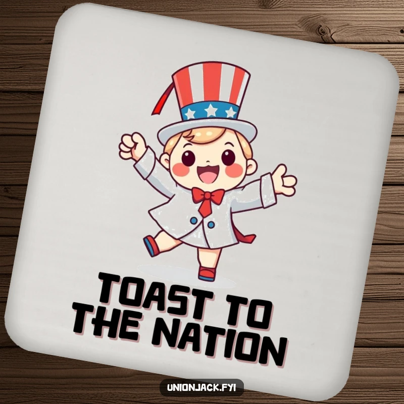 Funny drink coaster with a happy character doing a patriotic jig, offering festive surface protection.