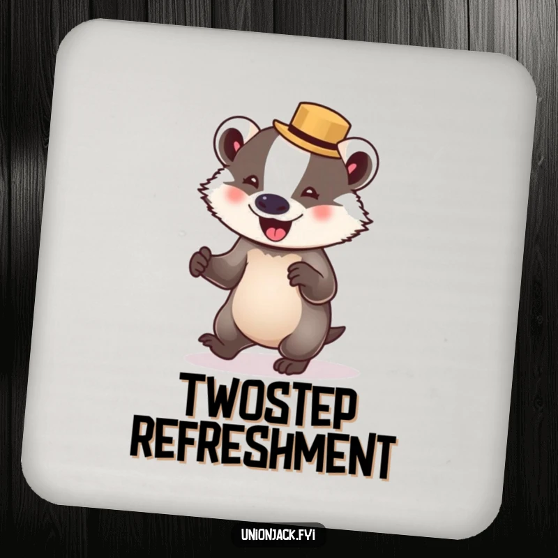 Funny badger coaster shows a delighted badger in a bowler hat, attempting to waltz, a practical and humorous addition to any surface.