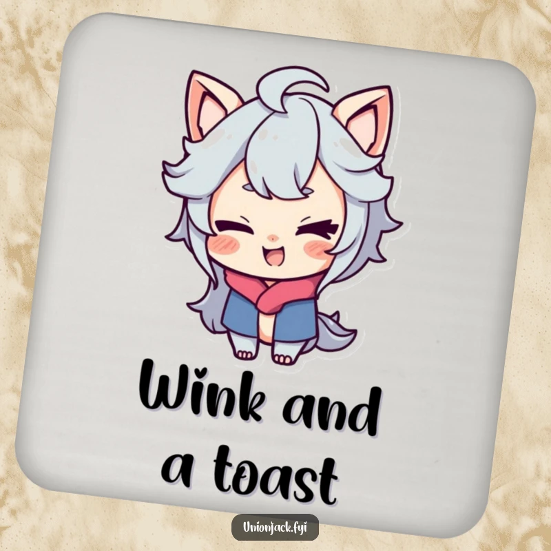 Funny drink coaster with a character sporting a playful smirk and giving a cheeky wink, embodying mischief and confident playfulness.