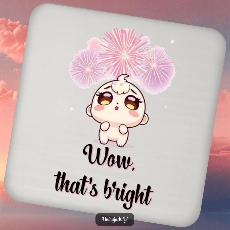 Funny drink coaster showcasing a wide-eyed character looking up in amazement at exploding celebratory fireworks, adding whimsical protection.