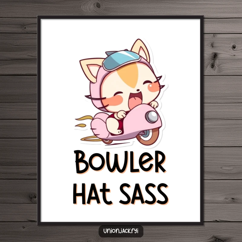 Funny poster of a character playfully sticking its tongue out from beneath a stylish bowler hat, symbolizing lighthearted mischief.